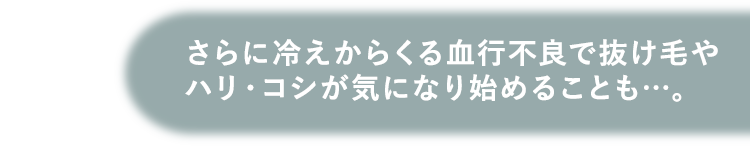 さらに冷えからくる血行不良で抜け毛やハリ・コシが気になり始めることも…