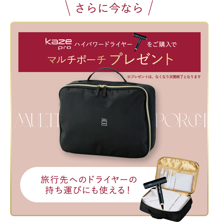 さらに今なら Kaze pro ハイパワードライヤーをご購入でマルチポーチプレゼント