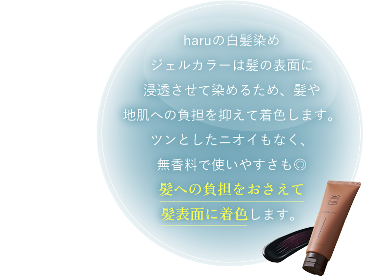 haruの白髪染めジェルカラーは髪の表面に浸透させて染めるため、髪や地肌への負担を抑えて着色します。ツンとしたニオイもなく、無香料で使いやすさも◎髪への負担をおさえて髪表面に着色します。