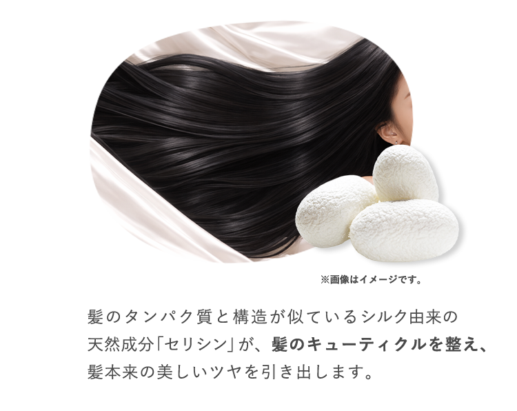 髪のタンパク質と構造が似ているシルク由来の天然成分「セリシン」が、髪のキューティクルを整え、髪本来の美しいツヤを引き出します。
