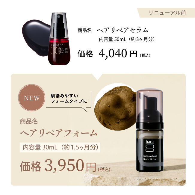 リニューアル前後の比較：ヘアリペアセラムからヘアリペアフォームへ