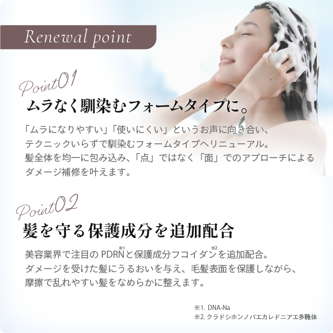 Renewal point。Point01 ムラなく馴染むフォームタイプに。Point02 髪を守る保護成分を追加配合