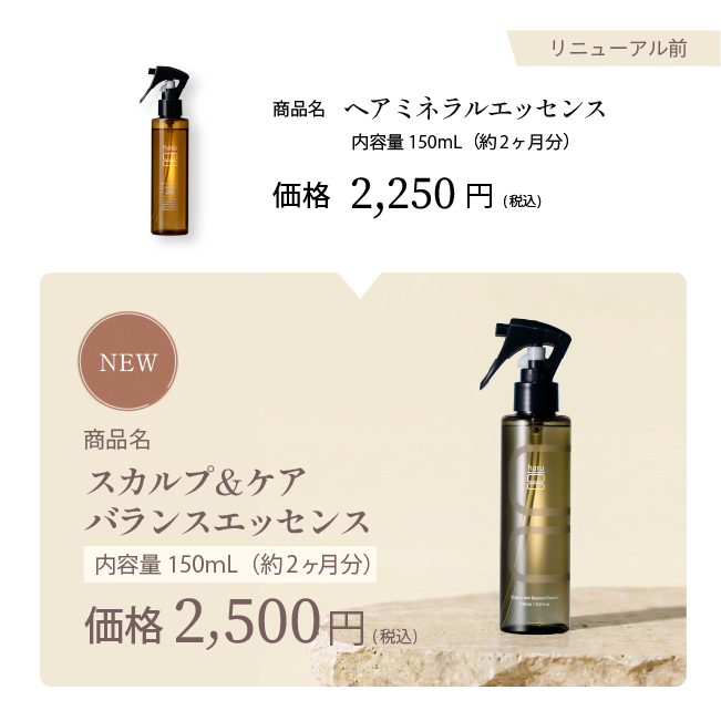 リニューアル前後の比較：ヘアミネラルエッセンスからスカルプ＆ケアバランスエッセンスへ