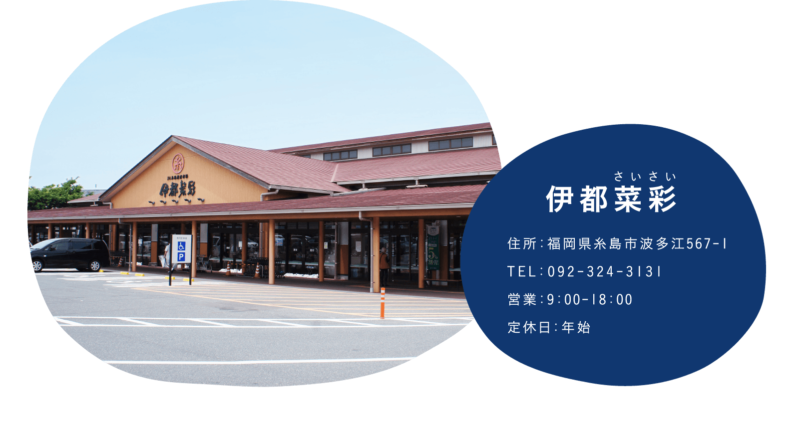 伊都菜彩 福岡県糸島市波多江567-1 TEL:092-324-3131 営業:9:00~18:00 定休日:年始