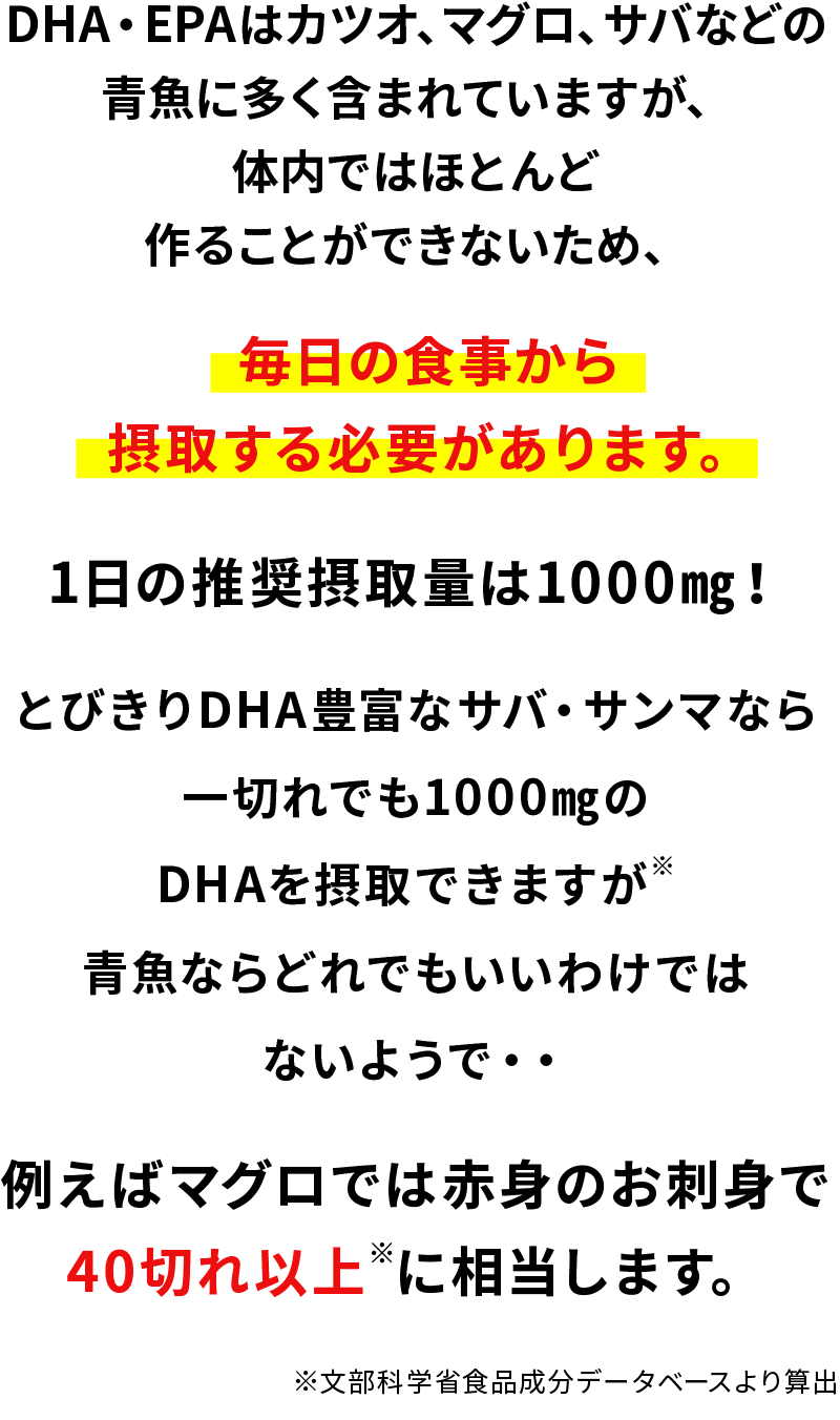 DHA・EPAはカツオ、マグロ、サバなどの青魚に多く含まれていますが、体内ではほとんど作ることができないため、毎日の食事から摂取する必要があります。