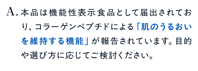 本品は機能性表示食品として届出されており、コラーゲンペプチドによる「肌のうるおいを維持する機能」が報告されています。目的や選び方に応じてご検討ください。