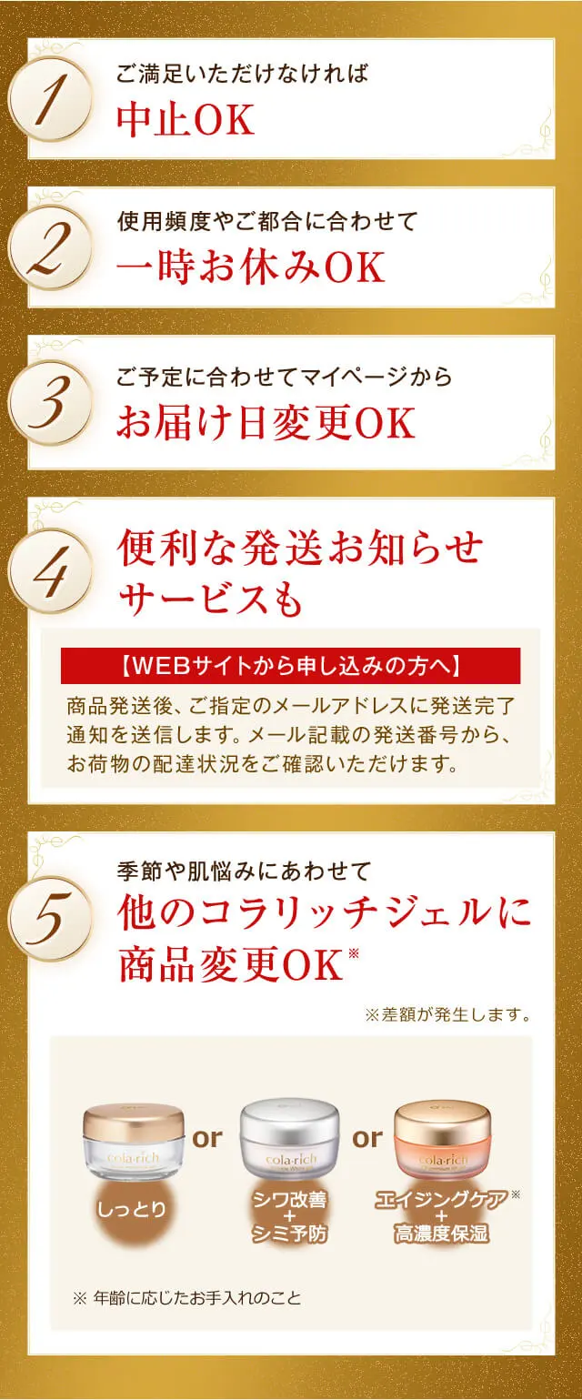 1：ご満足いただけなければ中止OK、2：使用頻度やご都合に合わせて一次お休みOK、3：ご予定に合わせてマイページからお届け日変更OK、4：便利な発送お知らせサービスも【WEBサイトから申し込みの方へ】商品発送後、ご指定のメールアドレスに発送完了通知を送信します。メール記載の発送番号から、お荷物の配達状況をご確認いただけます。5：季節や肌悩みに合わせて他のコラリッチジェルに商品変更OK※差額が発生します。[しっとりorシワ改善＋シミ予防＋orエイジングケア※＋高濃度保湿]※年齢に応じたお手入れのこと