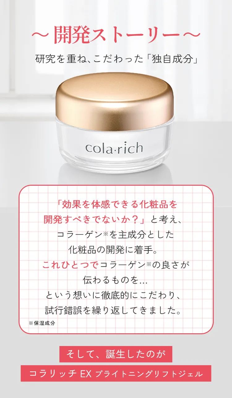 〜開発ストーリー〜研究を重ね、こだわった「独自成分」「効果を体感できる化粧品を開発すべきでないか？」と考え、コラーゲン※を主成分とした化粧品の開発に着手。これひとつでコラーゲン※の良さが伝わるものを…という想いに徹底的にこだわり、試行錯誤を繰り返してきました。そして、誕生したのがコラリッチEXブライトニングリフトジェル
