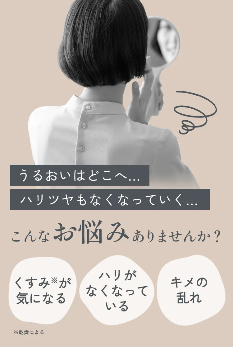 うるおいはどこへ…ハリツヤもなくなっていく…こんなお悩みありませんか？くすみが気になる、ハリがなくなっている、キメの乱れ