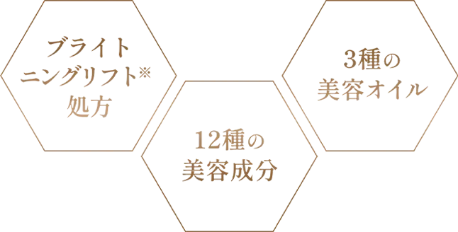 ブライトニングリフト処方、12種の美容成分、3種の美容オイル