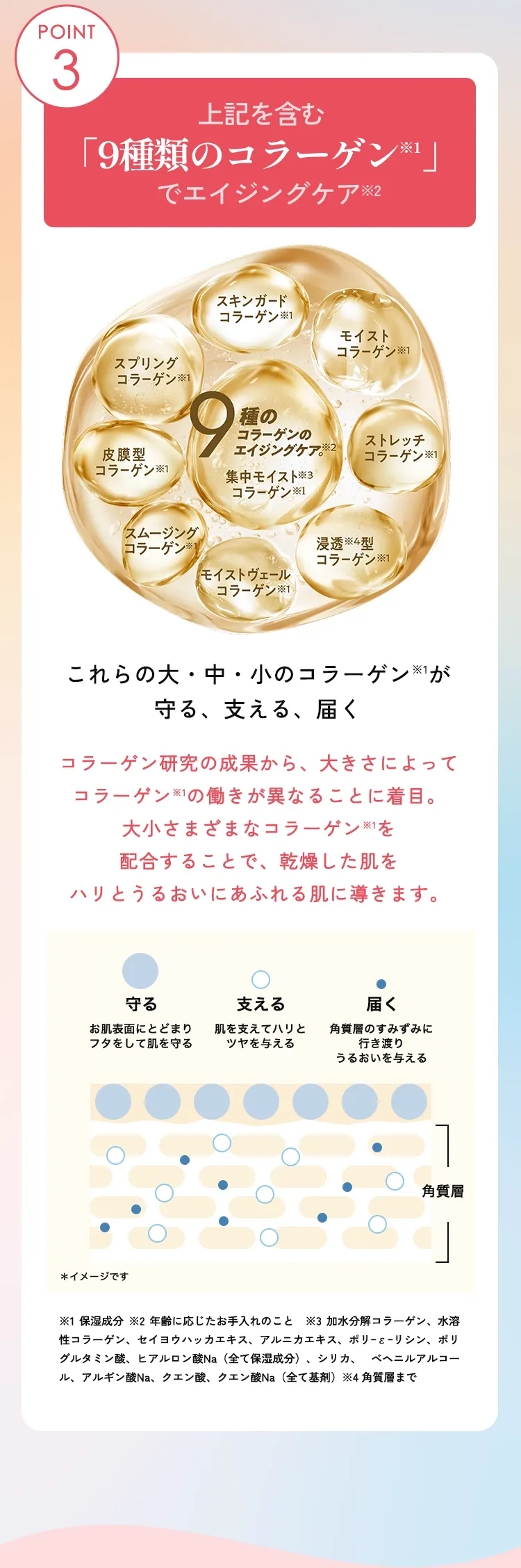 Point3 上記を含む「9種類のコラーゲン」でエイジングケア　これらの大・中・小のコラーゲンが守る、支える、届く　コラーゲン研究の成果から、大きさによってコラーゲンの働きが異なることに着目。大小さまざまなコラーゲンを配合することで、乾燥した肌をハリとうるおいにあふれる肌に導きます。
