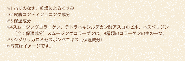 ※1 ハリのなさ、乾燥によるくすみ※2 皮膚コンディショニング成分※3 保湿成分※4 ヘスペリジン（保湿成分）、ビタミンE（酢酸トコフェロール）（製品の抗酸化剤）※5 シゾサッカロミセスポンベエキス（保湿成分）＊写真はイメージです。