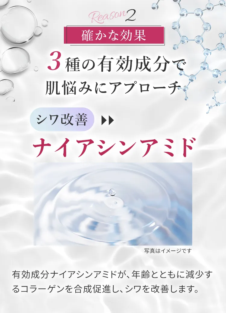 確かな効果。3種の有効成分で肌悩みにアプローチ。シワ改善「ナイアシンアミド」
