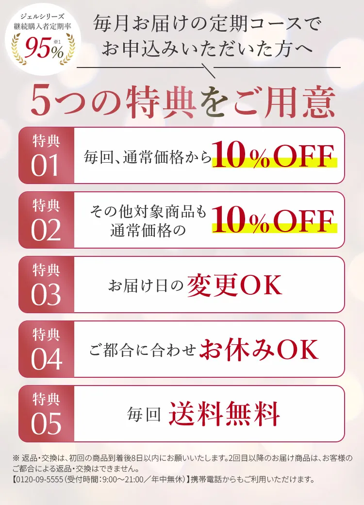 毎月お届けの定期コースでお申込みいただいた方へ5つの特典をご用意