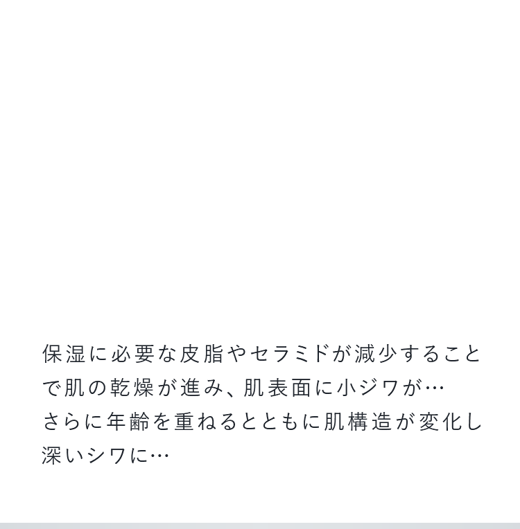 保湿に必要な皮脂やセラミドが減少することで肌の乾燥が進み、肌表面に小ジワが…さらに年齢を重ねるとともに肌構造が変化し深いシワに…