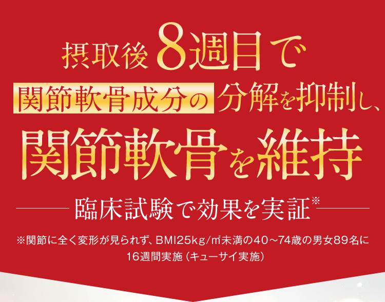 摂取後8週目で関節軟骨成分の分解を抑制し、関節軟骨を維持