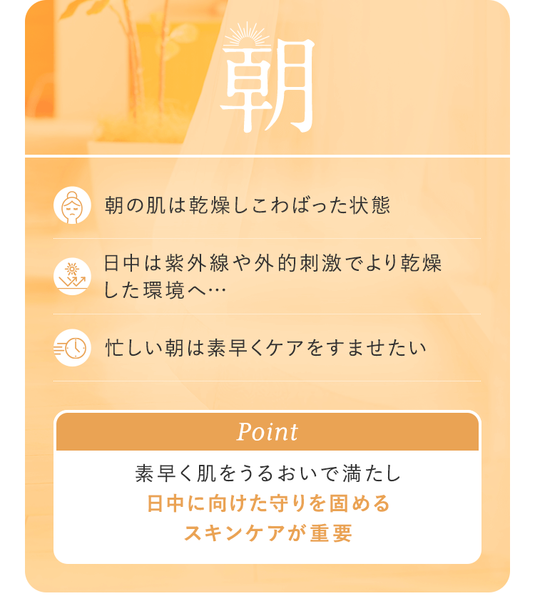 朝「朝の肌は乾燥しこわばった状態」「日中は紫外線や外的刺激でより乾燥した環境へ…」「忙しい朝は素早くケアをすませたい」【Point：素早く肌をうるおいで満たし日中に向けた守りを固めるスキンケアが重要】