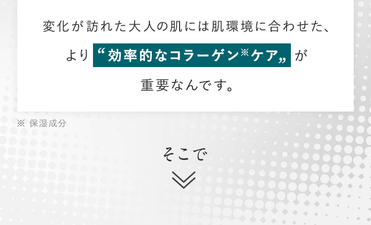 変化が訪れた大人の肌には肌環境に合わせた、より効率的なコラーゲン※ケアが重要なんです。そこで