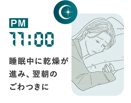 PM11:00 睡眠中に乾燥が進み、翌朝のごわつきに
