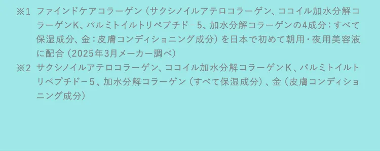 ※1ファインドケアコラーゲン（サクシノイルアテロコラーゲン、ココイル加水分解コラーゲンK、パルミトイルトリペプチド－5、加水分解コラーゲンの4成分：すべて保湿成分、金：皮膚コンディショニング成分）を日本で初めて朝用・夜用美容液に配合（2025年3月メーカー調べ）
※2サクシノイルアテロコラーゲン、ココイル加水分解コラーゲンＫ、パルミトイルトリペプチド－５、加水分解コラーゲン（すべて保湿成分）、金（皮膚コンディショニング成分）