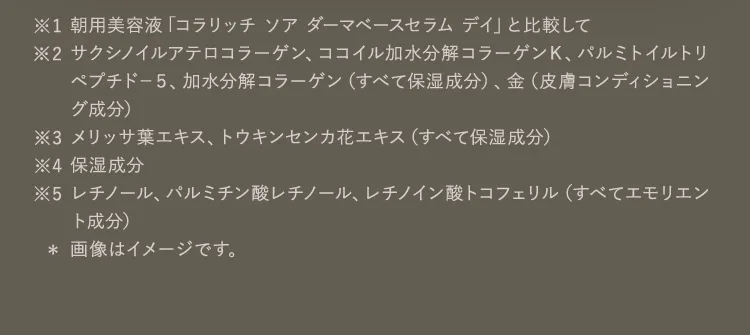 ※1朝用美容液「コラリッチ ソア ダーマベースセラム デイ」と比較して※2サクシノイルアテロコラーゲン、ココイル加水分解コラーゲンＫ、パルミトイルトリペプチド－５、加水分解コラーゲン（すべて保湿成分）、金（皮膚コンディショニング成分）
※3メリッサ葉エキス、トウキンセンカ花エキス（すべて保湿成分）
※4保湿成分
※5レチノール、パルミチン酸レチノール、レチノイン酸トコフェリル（すべてエモリエント成分）
※画像はイメージです。