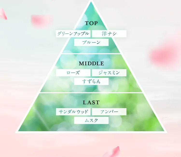 TOP グリーンアップル 洋ナシ プルーン　MIDDLE ローズ ジャスミン すずらん　LAST サンダルウッド アンバー ムスク