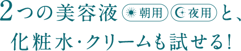 2つの美容液（朝用）（夜用）と、化粧水・クリームも試せる！