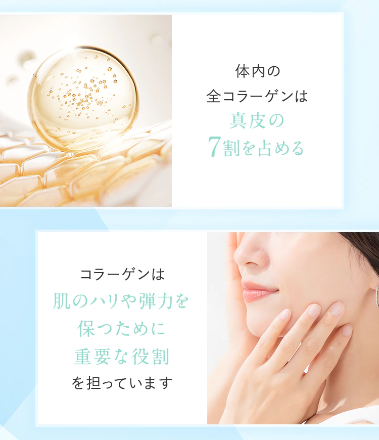「体内の全コラーゲンは真皮の7割を占める」「コラーゲンは肌のハリや弾力を保つために重要な役割を担っています」