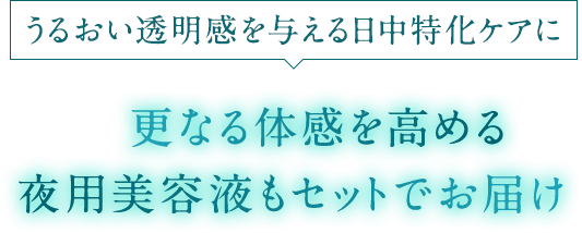 うるおい透明感を与える日中特化ケアに更なる体感を高める夜用美容液もセットでお届け