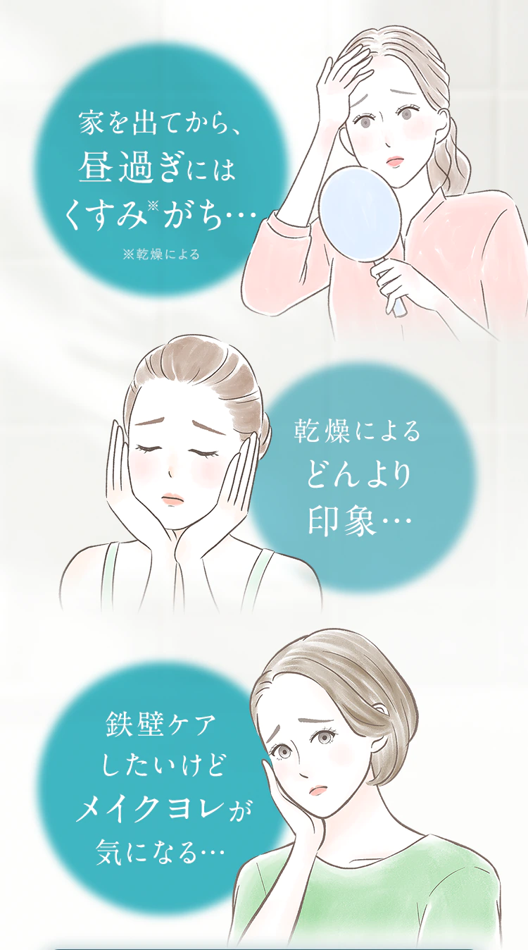 「家を出てから、昼過ぎにはくすみがち…」「乾燥によるどんより印象…」「鉄壁ケアしたいけどメイクヨレが気になる…」