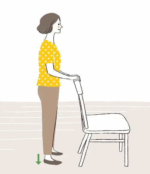 ②両足のかかとを4秒かけて下げる