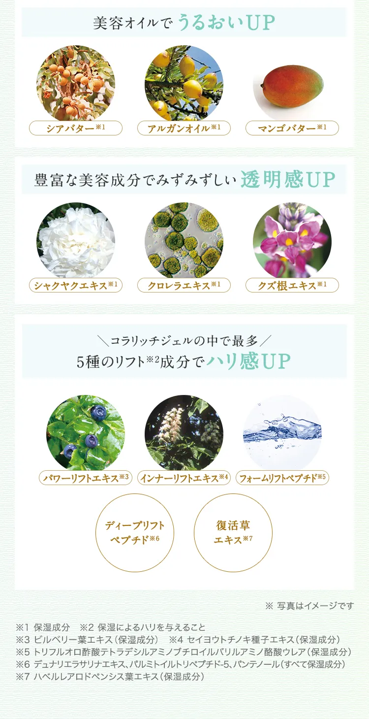 
			美容オイルでうるおいUP
			・シアバター(※1)
			・アルガンオイル(※1)
			・マンゴバター(※1)
			
			豊富な美容成分でみずみずしい透明感UP
			・シャクヤクエキス(※1)
			・クロレラエキス(※1)
			・クズ根エキス(※1)
			
			コラリッチジェルの中で最多
			5種のリフト(※2)成分でハリ感UP
			・パワーリフトエキス(※3)
			・インナーリフトエキス(※4)
			・フォームリフトペプチド(※5)
			・ディープリフトペプチド(※6)
			・復活草エキス(※7)
			
			※1 保湿成分
			※2 保湿によるハリを与えること
			※3 ビルベリー葉エキス（保湿成分）
			※4 セイヨウトチノキ種子エキス（保湿成分）
			※5 トリフルオロ酢酸テトラデシルアミノブチロイルバリルアミノ酸ウレア（保湿成分）
			※6 デュナリエラサリナエキス、パルミトイルトリペプチド-５、パンテノール（すべて保湿成分）
			※7 ハベルレアロドペンシス葉エキス（保湿成分）