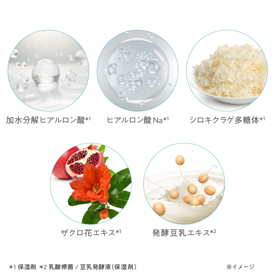 加水分解ヒアルロン酸*1 ヒアルロン酸Na*1 シロキクラゲ多糖体*1 ザクロ花エキス*1 発酵豆乳エキス*2 *1 保湿剤 *2 乳酸桿菌 / 豆乳発酵液(保湿剤)