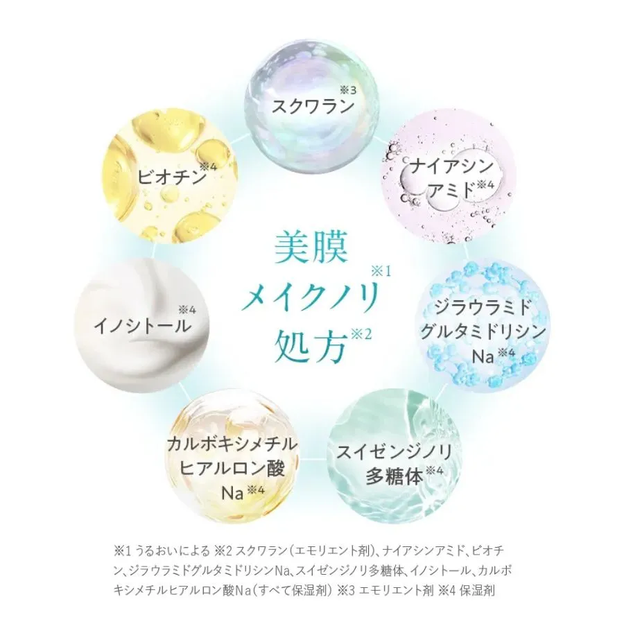 美膜 メイクノリ※1 処方※2 スクワラン※3 ナイアシンアミド※4 ジラウラミドグルタミドリシンNa※4 スイゼンジノリ多糖体※4 カルボキシメチルヒアルロン酸Na※4 イノシトール※4 ビオチン※4 ※1 うるおいによる ※2 スクワラン(エモリエント剤)、ナイアシンアミド、ビオチン、ジラウラミドグルタミドリシンNa、スイゼンジノリ多糖体、イノシトール、カルボキシメチルヒアルロン酸Na(すべて保湿剤) ※3 エモリエント剤 ※4 保湿剤
