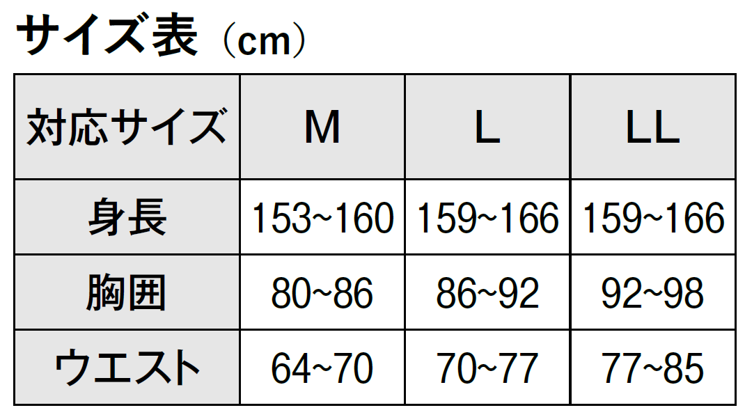 サイズ表(cm) 対応サイズ 身長 M：153~160、L:159~166、LL:159~166 胸囲 M：80~86、L:86~92、LL:92~98 ウエスト M：64~70、L:70~77、LL:77~85