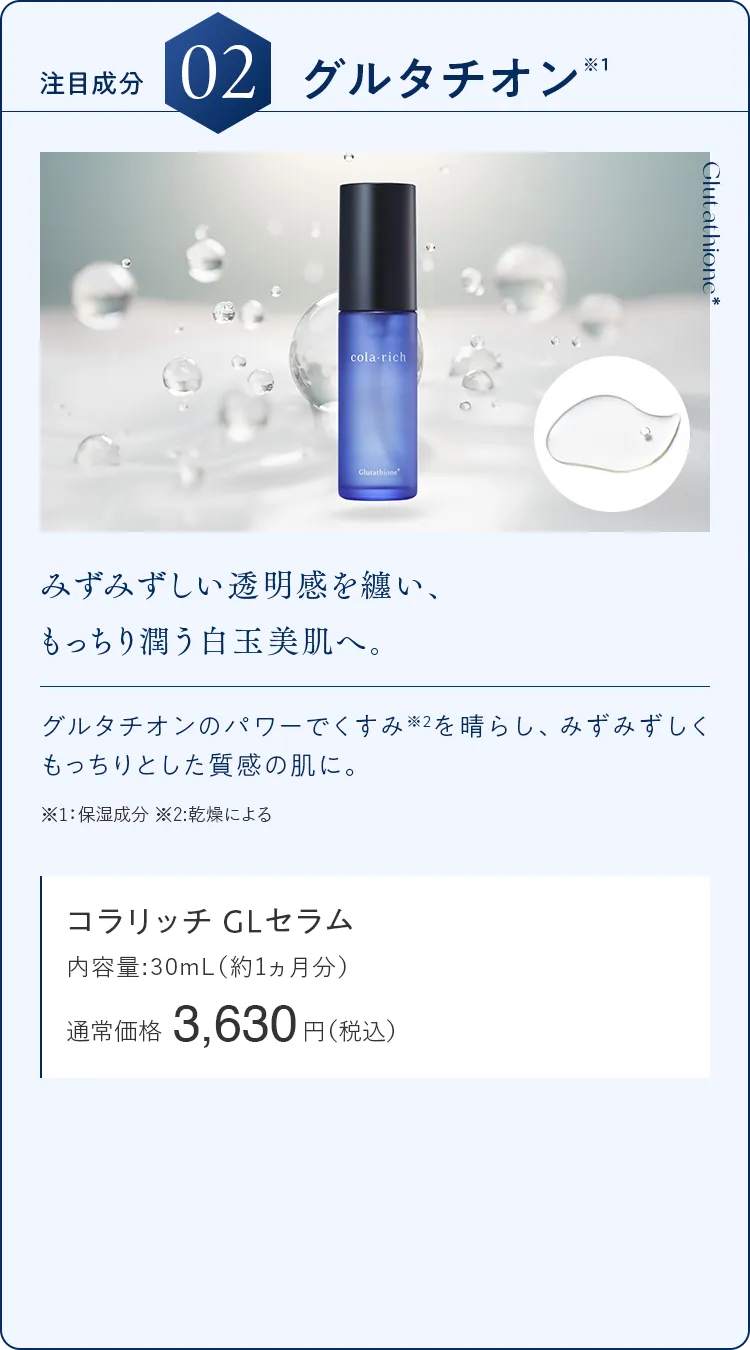 注目成分02.グルタチオン みずみずしい透明感を纏い、もっちり潤う白玉美肌へ。 コラリッチ GLセラム 通常価格3,630円（税込）