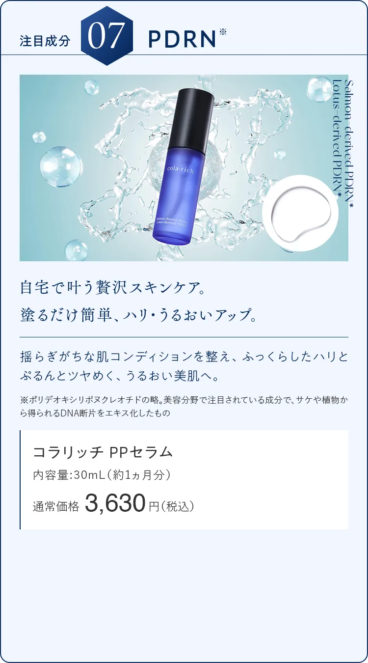 注目成分07.PDRN 自宅で叶う贅沢スキンケア。塗るだけ簡単、ハリ・うるおいアップ。 コラリッチ PPセラム 通常価格3,630円（税込）
