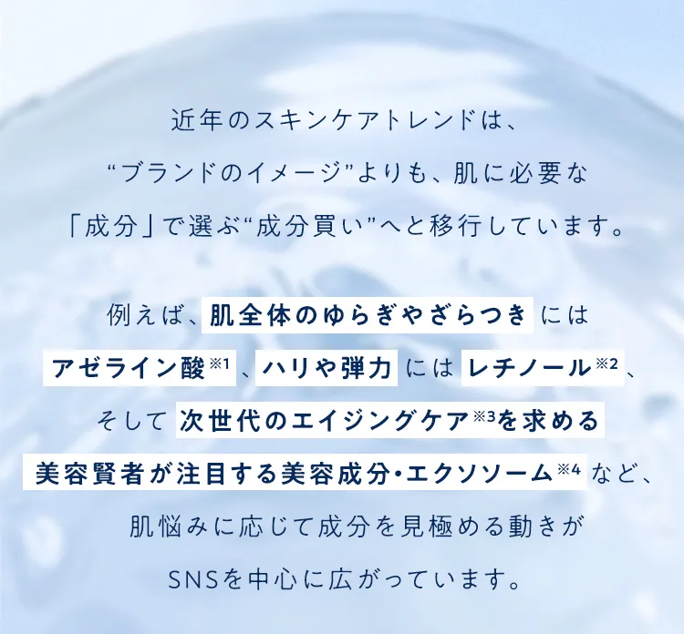 近年のスキンケアトレンドは、“ブランドのイメージ”よりも、肌に必要な「成分」で選ぶ“成分買い”へと移行しています。