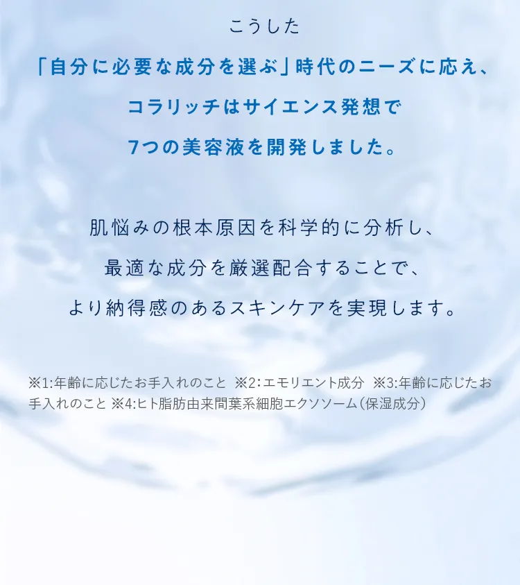 こうした「自分に必要な成分を選ぶ」時代のニーズに応え、コラリッチはサイエンス発想で7つの美容液を開発しました。