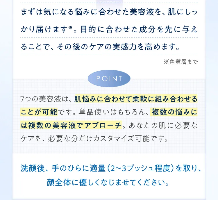 まずは気になる悩みに合わせた美容液を、肌にしっかり届けます※。目的に合わせた成分を先に与えることで、その後のケアの実感力を高めます。