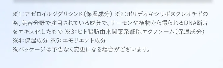 ※1：アゼロイルジグリシンK（保湿成分） ※2：ポリデオキシリボヌクレオチドの略。美容分野で注目されている成分で、サーモンや植物から得られるDNA断片をエキス化したもの ※3：ヒト脂肪由来間葉系細胞エクソソーム（保湿成分） ※4：保湿成分 ※5：エモリエント成分 ※パッケージは予告なく変更になる場合がございます。