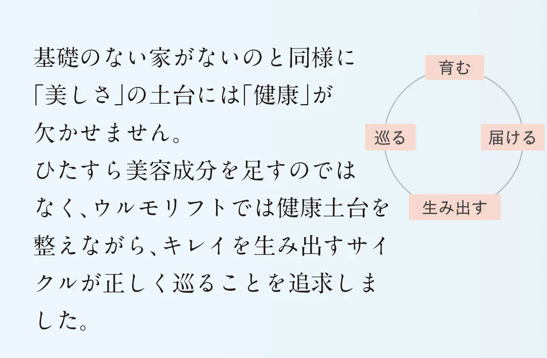 基礎のない家がないのと同様に「美しさ」の土台には「健康」が欠かせません。ひたすら美容成分を足すのではなく、ウルモリフトでは健康土台を支えながら美しさが巡る設計にしました。
