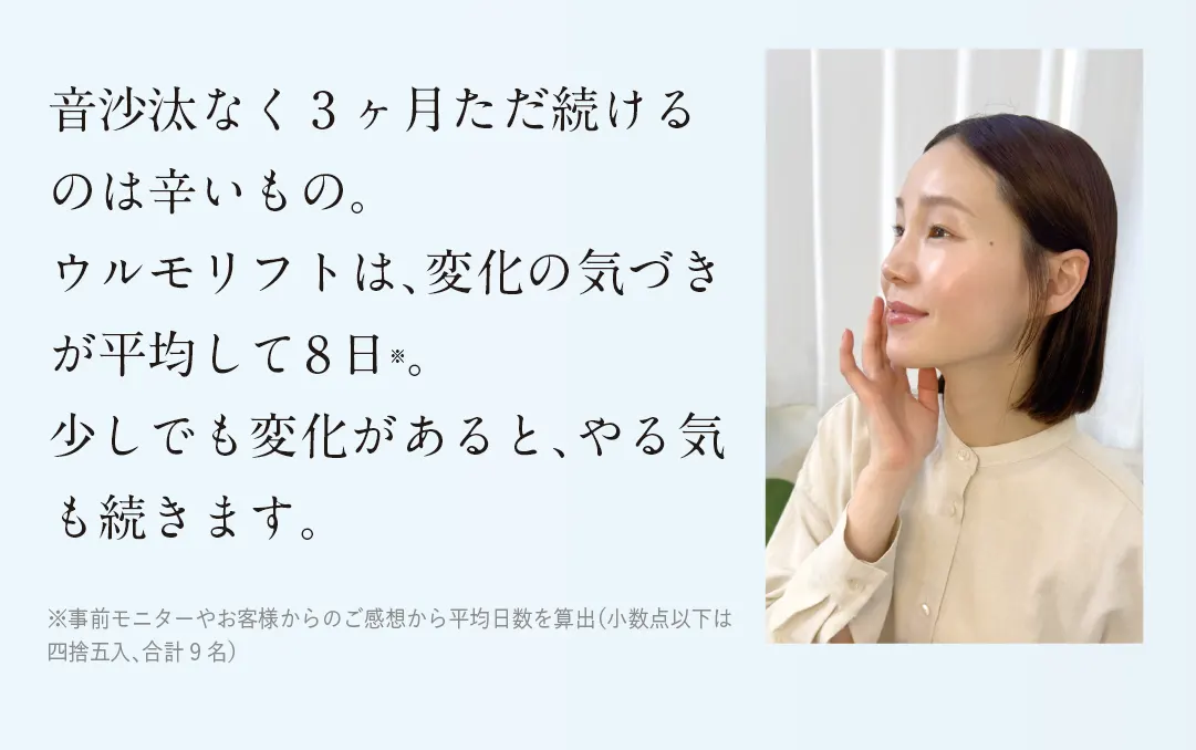 音沙汰なく3ヶ月ただ続けるのは辛いもの。ウルモリフトは、変化の気づきが平均して8日※。少しでも変化があると、やる気も続きます。