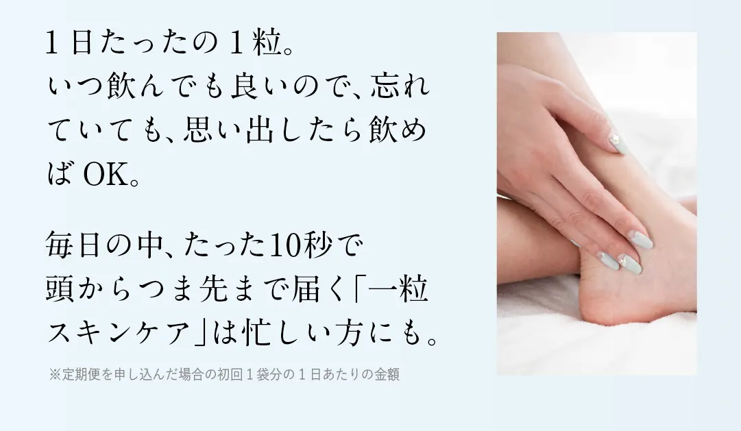 1日たったの1粒。いつ飲んでも良いので、忘れていても、思い出したら飲めばOK。