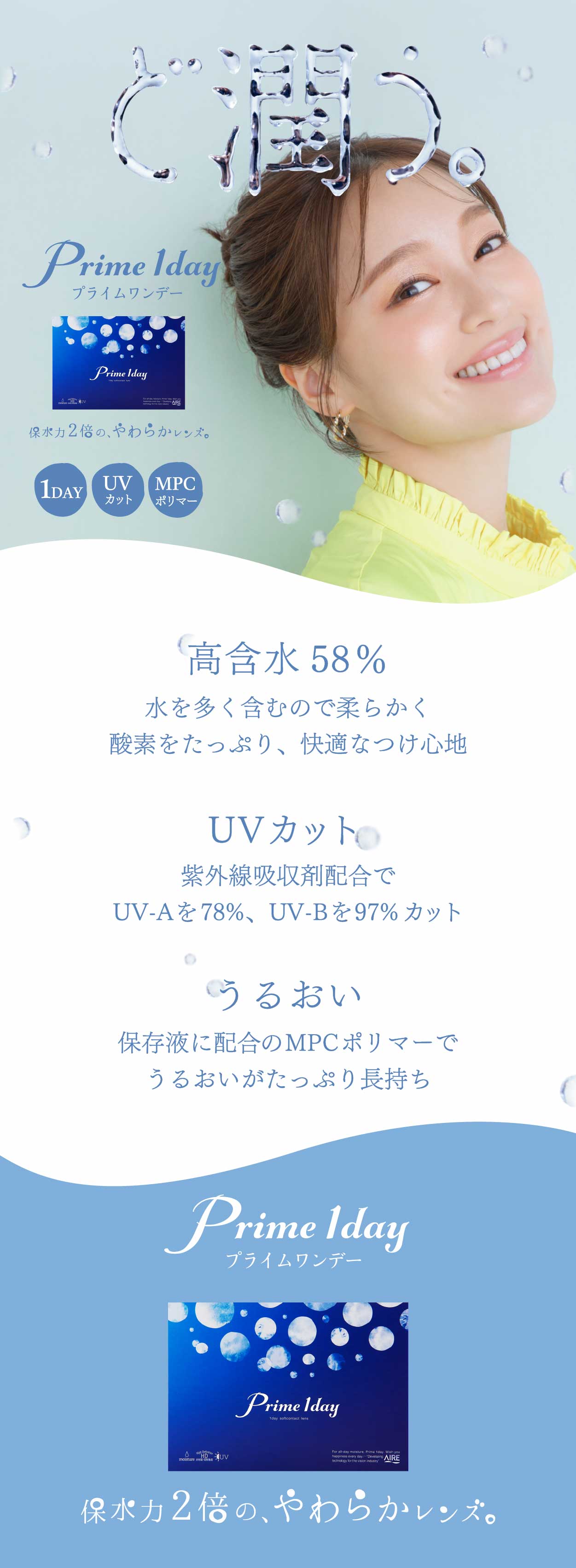 プライムワンデー保水力2倍の、やわらかレンズ。
