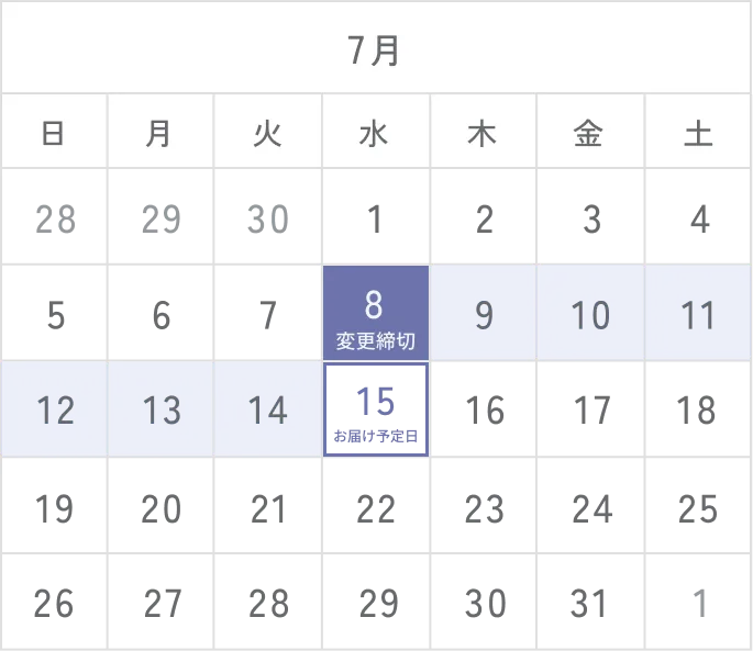 7月のカレンダー。5日が変更締切日、15日がお届け日