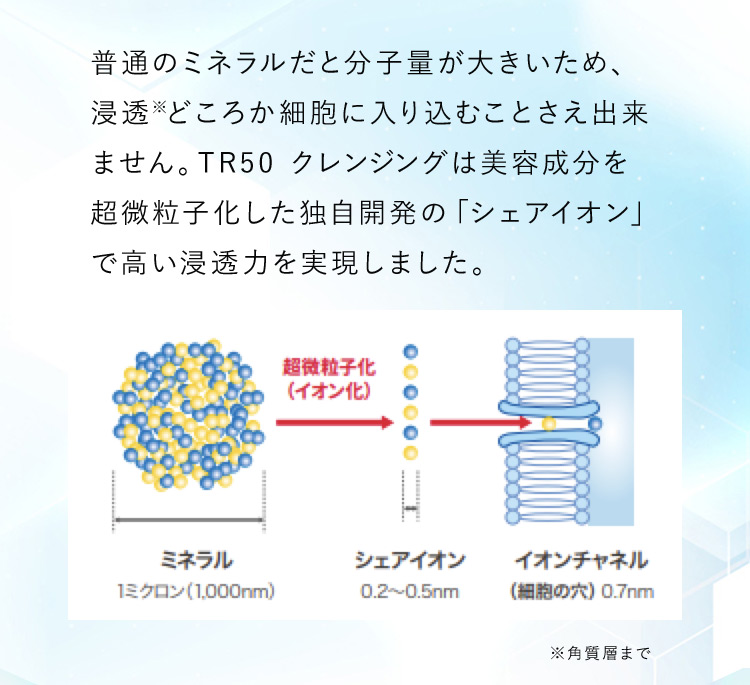 普通のミネラルだと分子量が大きいため、浸透※どころか細胞に入り込むことさえ出来ません。TR50クレンジングは美容成分を超微粒子化した独自開発の「シェアイオン」で高い浸透力を実現しました。