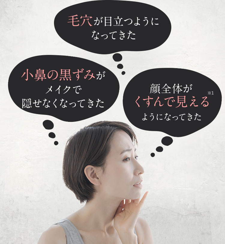小鼻の黒ずみがメイクで隠せなくなってきた 毛穴が目立つようになってきた 顔全体がくすんで見える※1ようになってきた