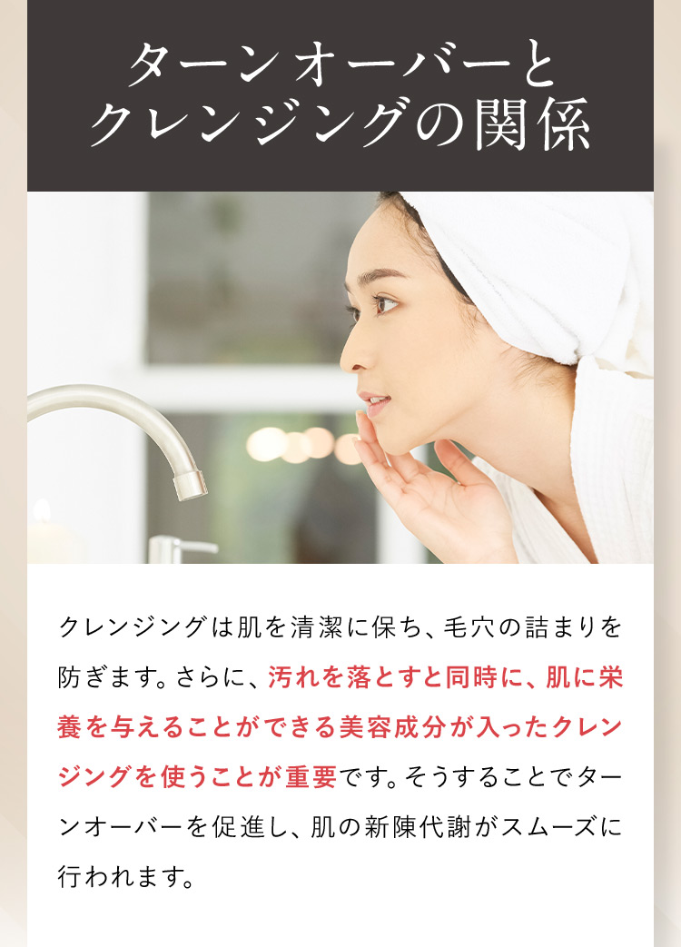 ターンオーバーとクレンジングの関係 クレンジングは肌を清潔に保ち、毛穴の詰まりを防ぎます。さらに、汚れを落とすと同時に、肌に栄養を与えることができる美容成分が入ったクレンジングを使うことが重要です。そうすることでターンオーバーを促進し、肌の新陳代謝がスムーズに行われます。