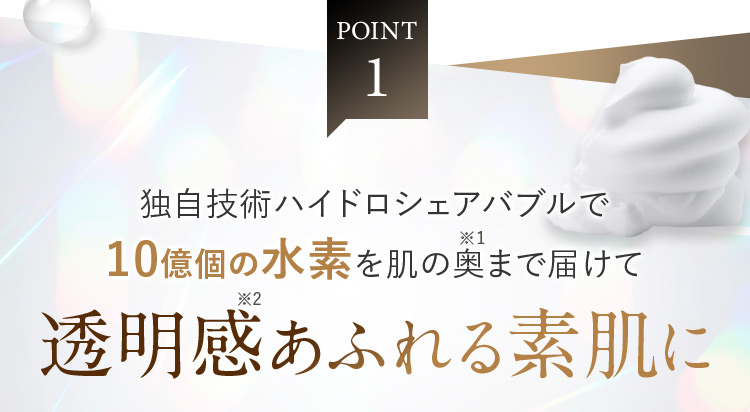 POINT1 独自技術ハイドロシェアバブルで10億個の水素を肌の奥※1まで届けて透明感※2あふれる素肌に